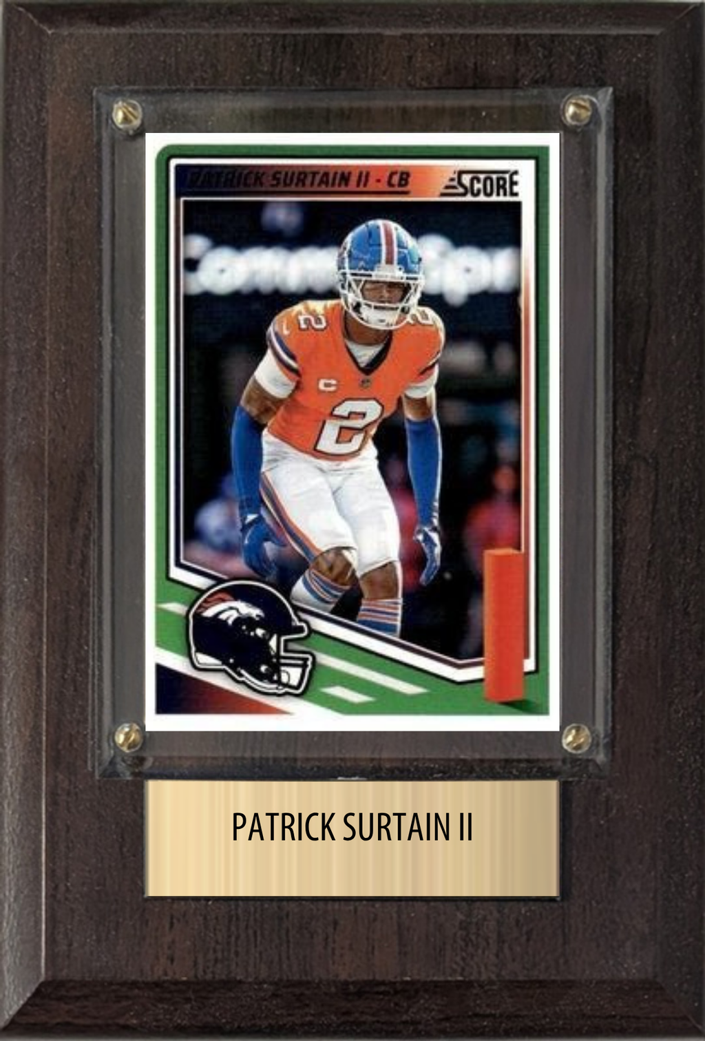 Patrick Surtain II Denver Broncos Fan Gift Plaque 4x6 1 Card Prizm, Donruss, Score 2024 2025 2026