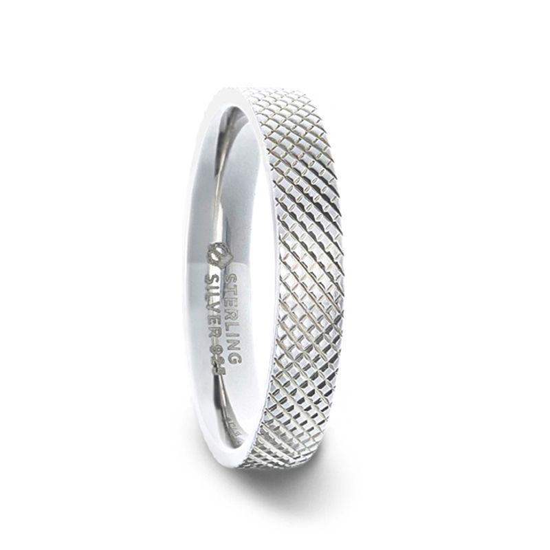 NOBLE Silver Cross-Hatched Finish Flat Style Wedding Band - 4mm & 8mm