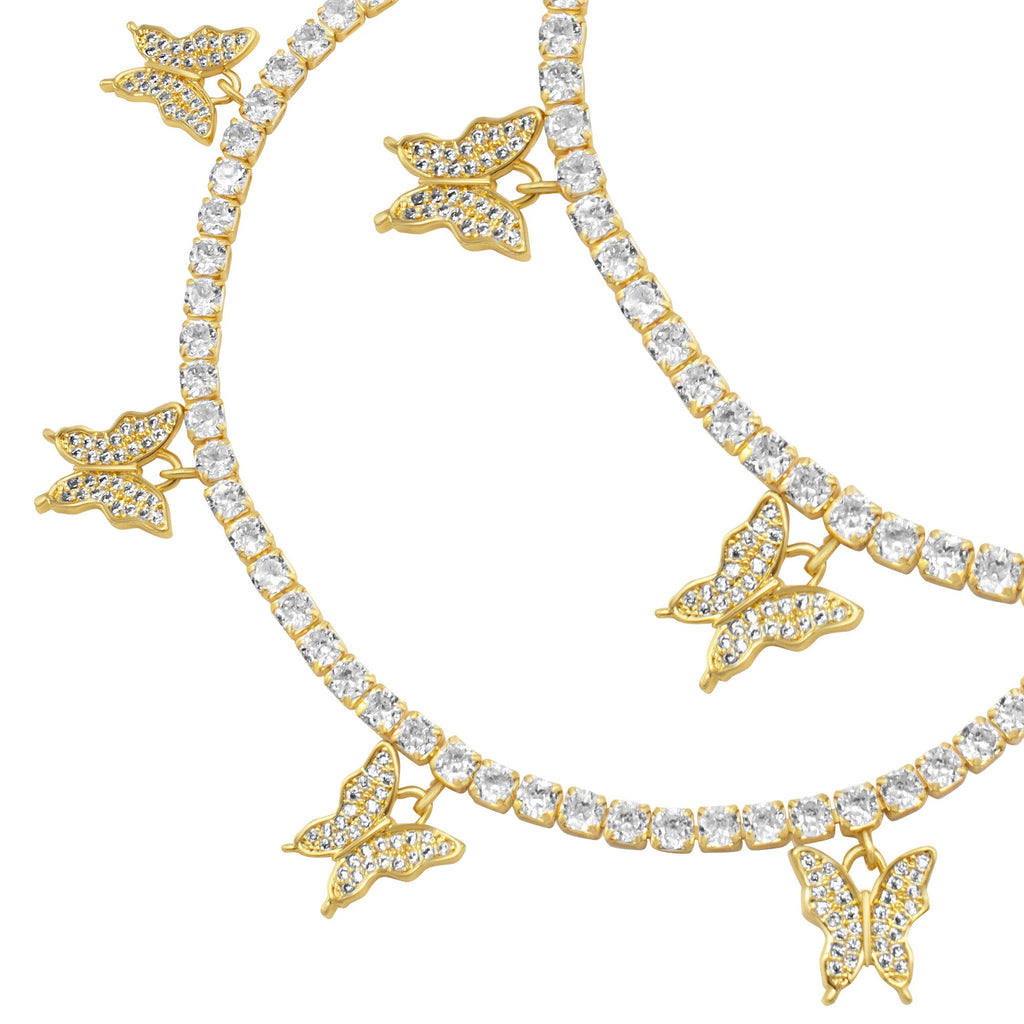 Butterfly Tennis Anklet 14K Gold And Silver Plated 3 mm Foot Bracelet 9" Chain Cubic Zirconia Stones Women Jewelry