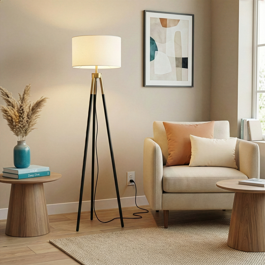 Sway Brassed Gold Floor Lamp with On/Off Switch Triple Legs White Fabric Shade