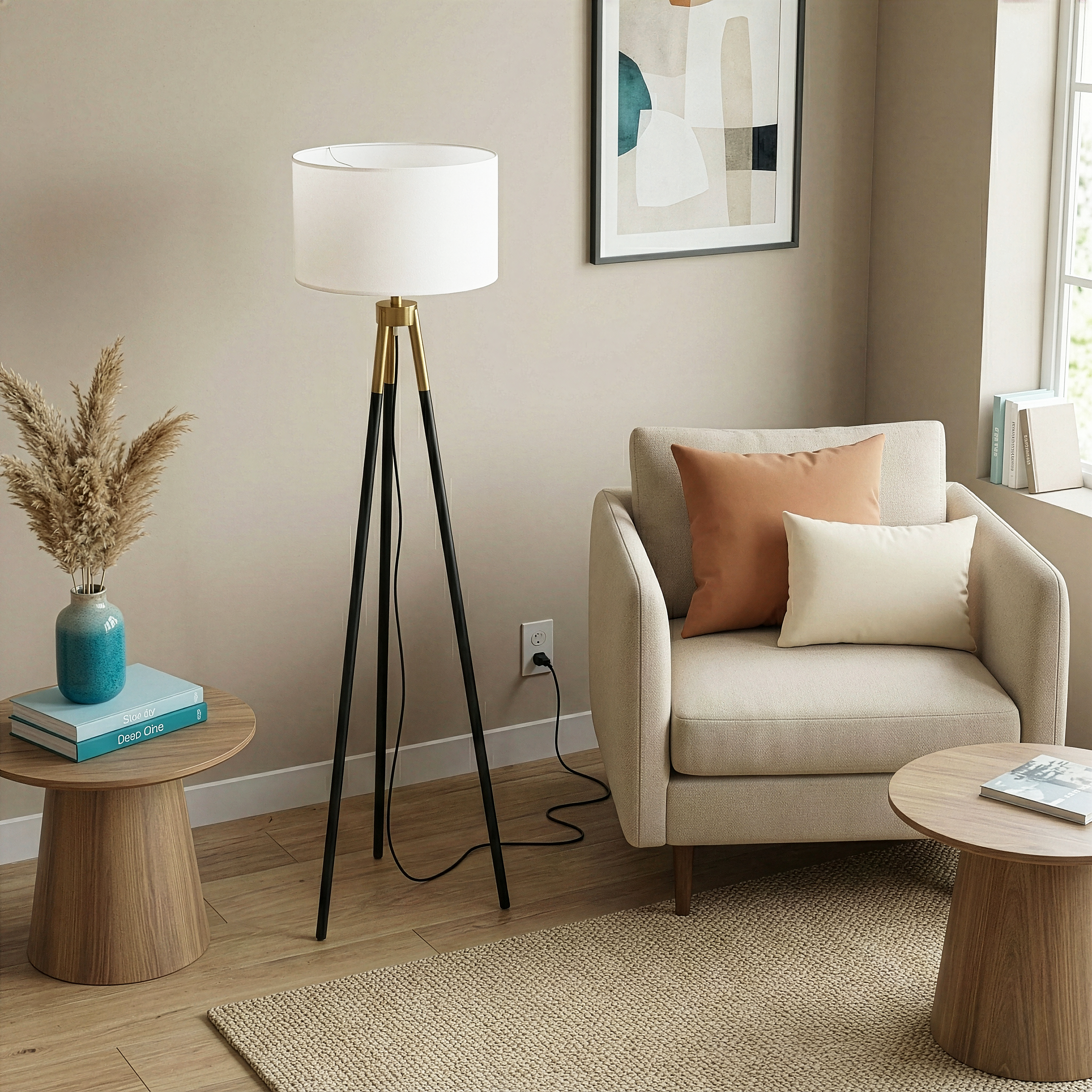 Sway Brassed Gold Floor Lamp with On/Off Switch Triple Legs White Fabric Shade