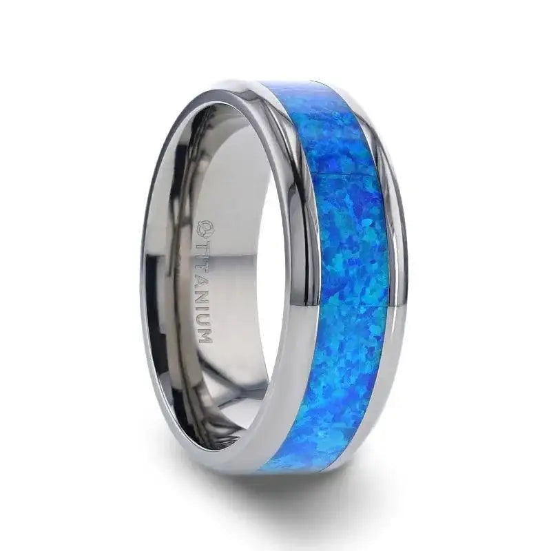GALAXY Titanium Polished Beveled Edge Ring with Blue Green Opal Inlay - 8mm