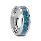 ANDROMEDA Titanium Polished Beveled Edge Ring with Blue Green Opal Inlay - 8mm