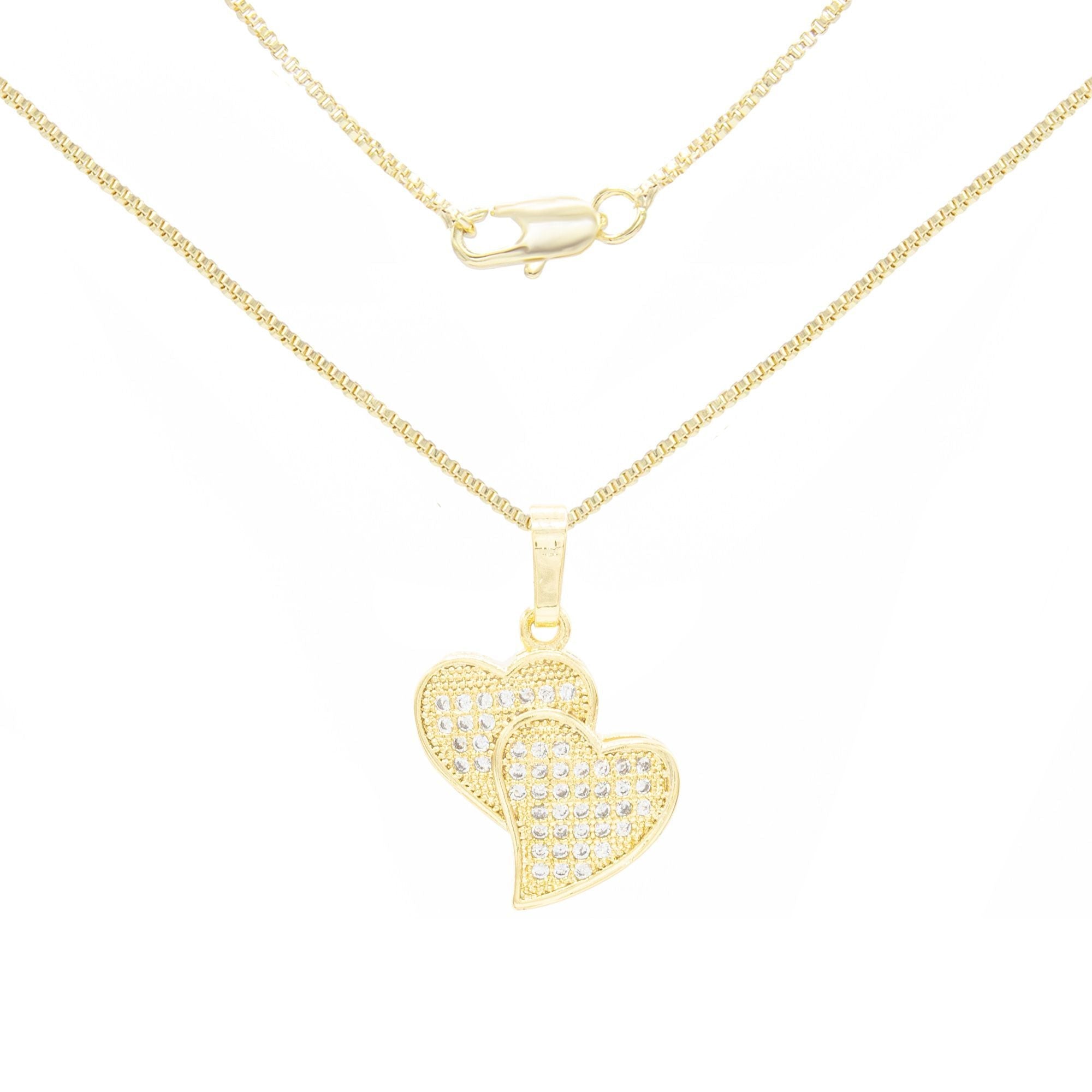 Cubic Zirconia 14K Gold Filled Double Hearts Pendant Necklace Set