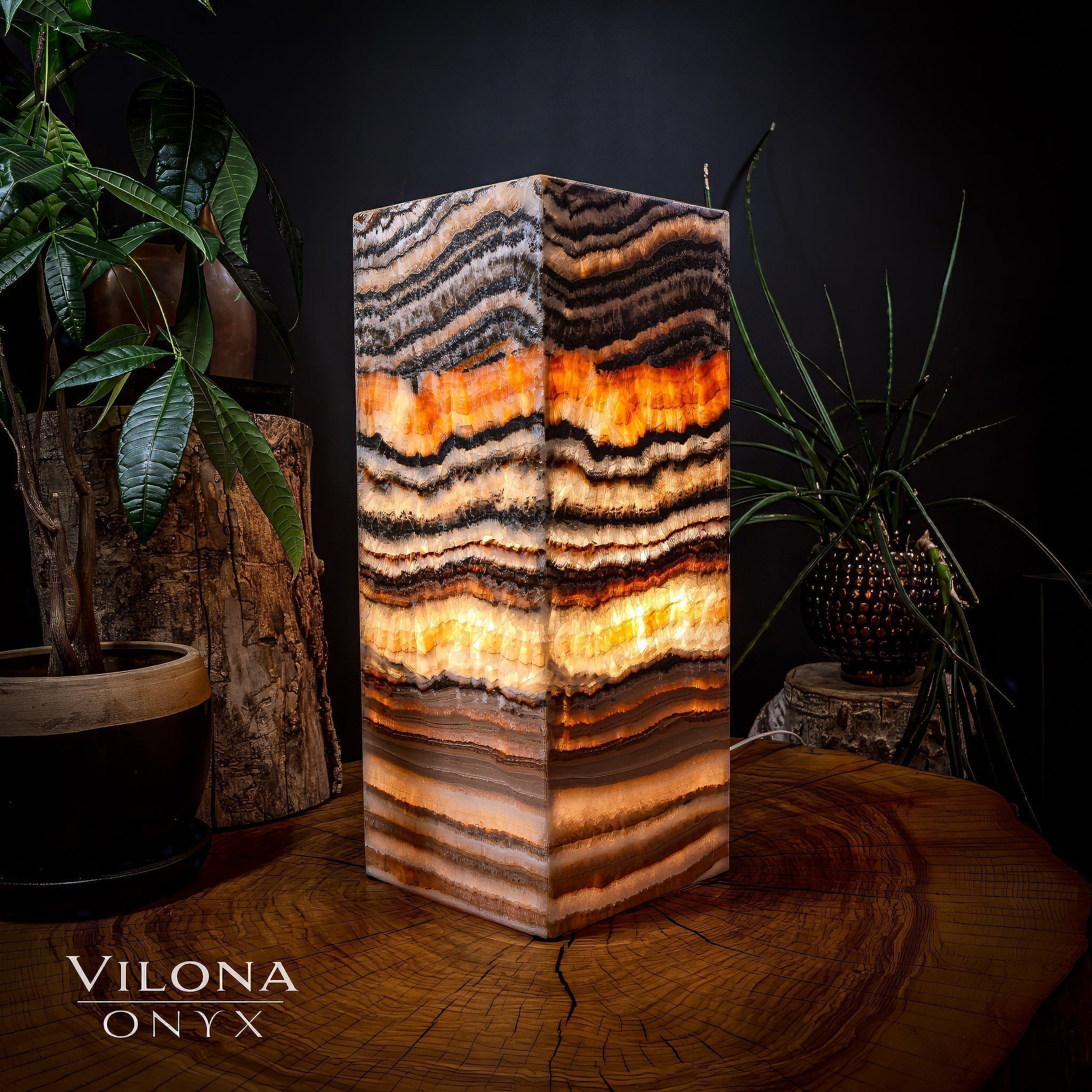 Tangerine Sierra Onyx Lamp (Medium Square Table Lamp #1)