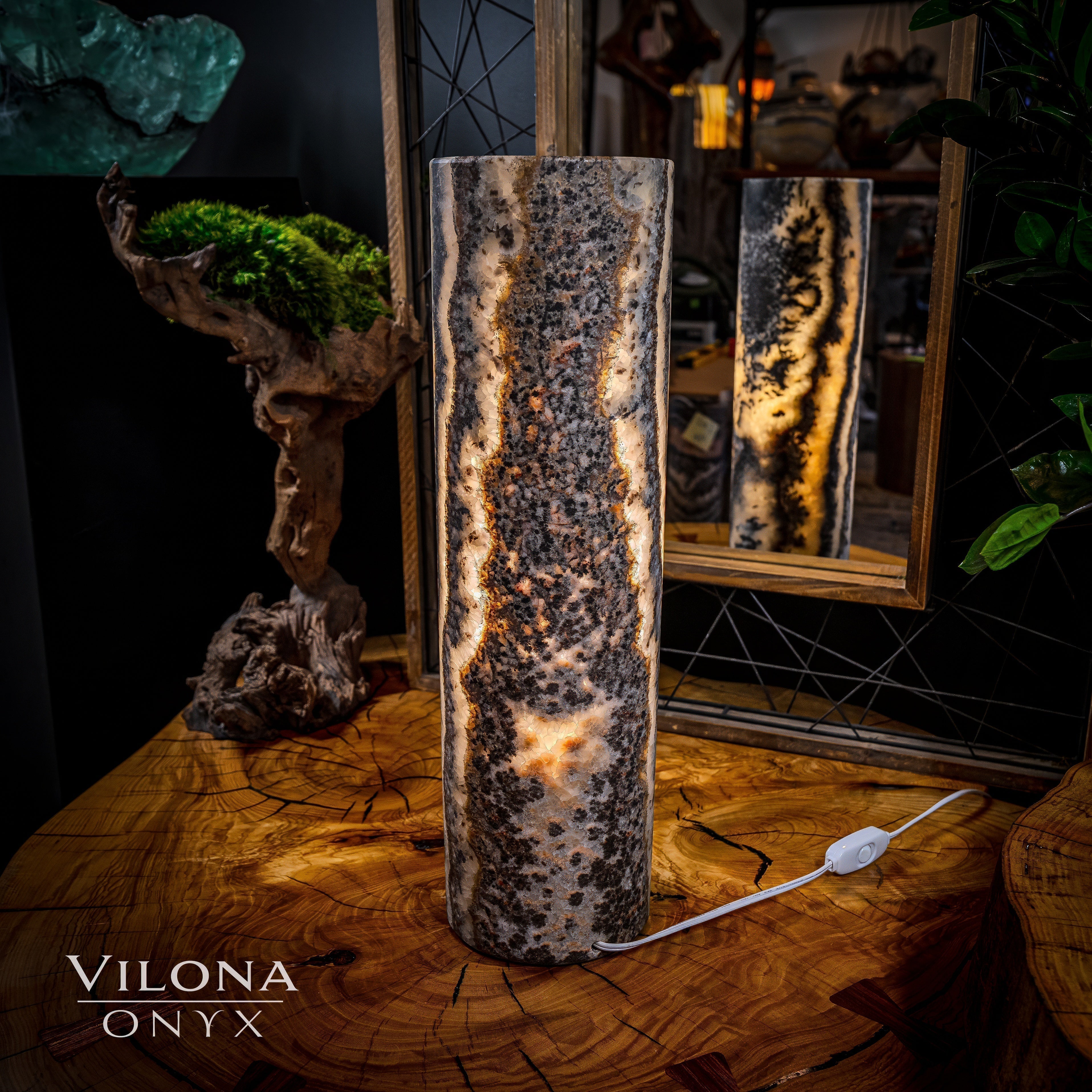 Tangerine Onyx Table Lamp - 20" Tall, x 5.5" Diameter - Live Edge (Medium #12)