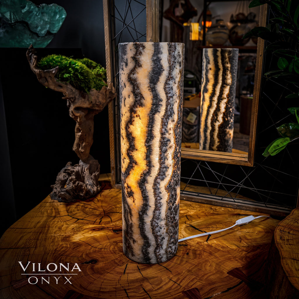 Tangerine Onyx Table Lamp - 20" Tall, x 5.5" Diameter - Live Edge (Medium #12)