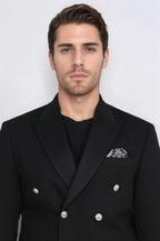 Black Solid Slim Fit Double-Breasted Blazer with Silver Metal Buttons – Wessi