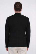Black Solid Slim Fit Double-Breasted Blazer with Silver Metal Buttons – Wessi