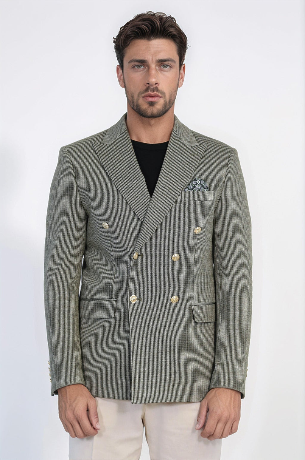 Olive Green Pinstriped Slim Fit Double-Breasted Blazer with Gold Metal Buttons – Wessi