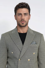 Olive Green Pinstriped Slim Fit Double-Breasted Blazer with Gold Metal Buttons – Wessi