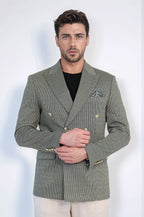 Olive Green Pinstriped Slim Fit Double-Breasted Blazer with Gold Metal Buttons – Wessi