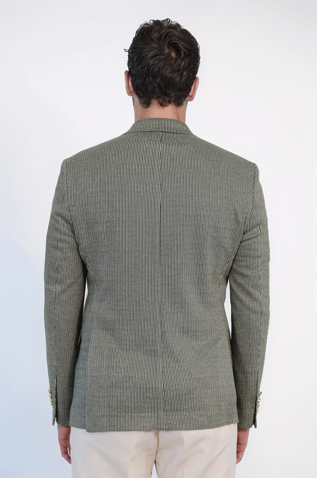 Olive Green Pinstriped Slim Fit Double-Breasted Blazer with Gold Metal Buttons – Wessi
