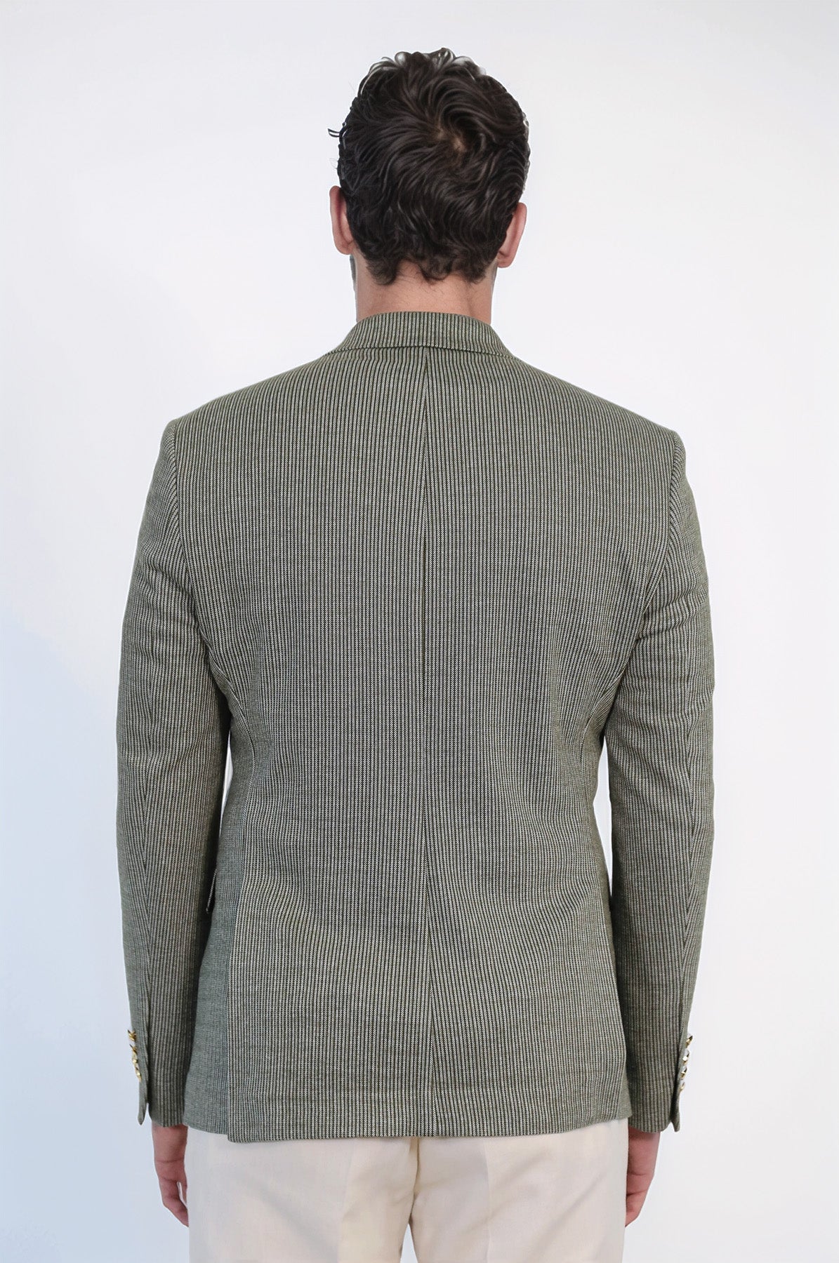 Olive Green Pinstriped Slim Fit Double-Breasted Blazer with Gold Metal Buttons – Wessi