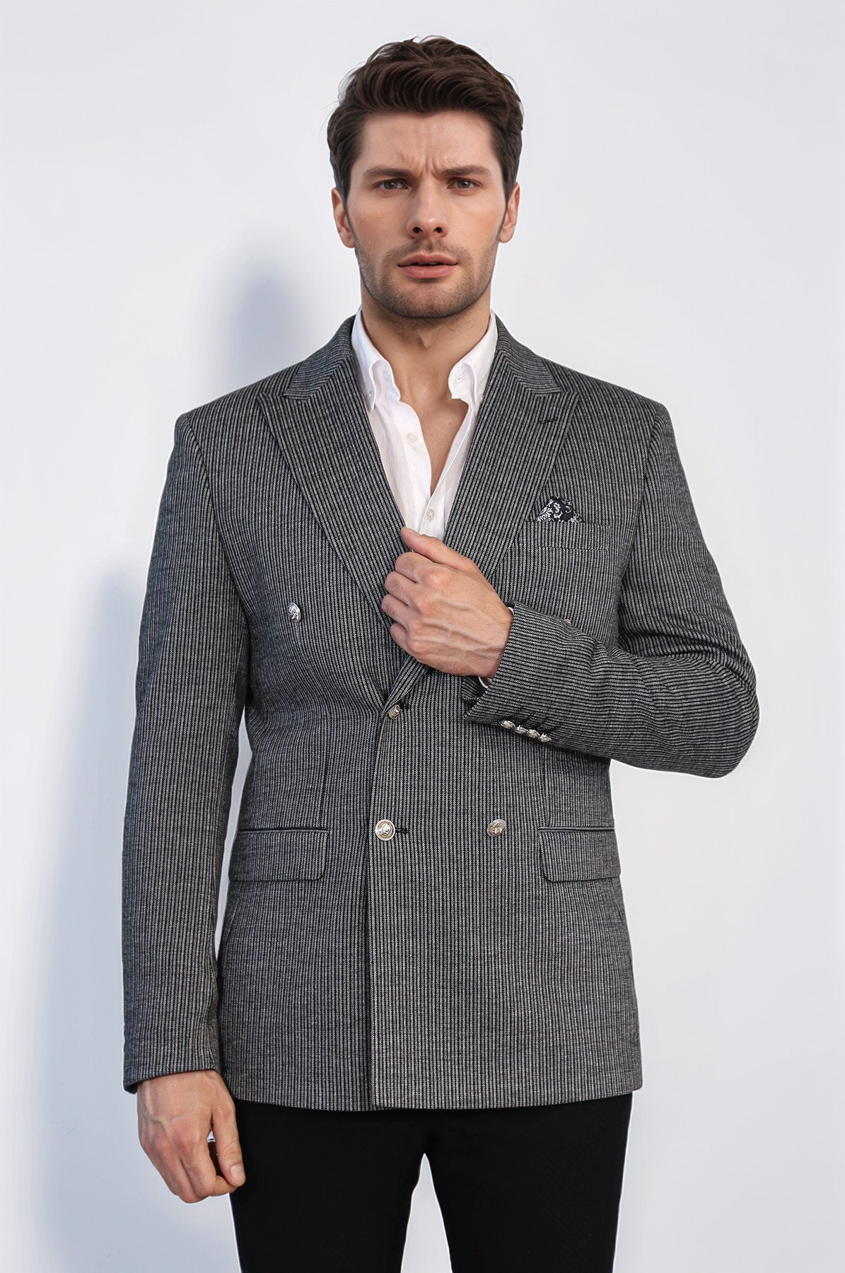 Black Pinstriped Slim Fit Double-Breasted Blazer with Silver Metal Buttons – Wessi