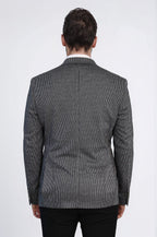 Black Pinstriped Slim Fit Double-Breasted Blazer with Silver Metal Buttons – Wessi