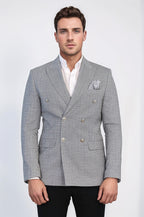 Black Micro-Check Slim Fit Double-Breasted Blazer with Silver Metal Buttons – Wessi