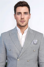 Black Micro-Check Slim Fit Double-Breasted Blazer with Silver Metal Buttons – Wessi
