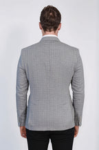 Black Micro-Check Slim Fit Double-Breasted Blazer with Silver Metal Buttons – Wessi