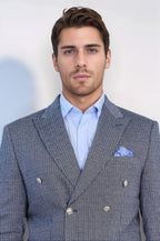 Navy Pinstriped Slim Fit Double-Breasted Blazer with Silver Metal Buttons – Wessi