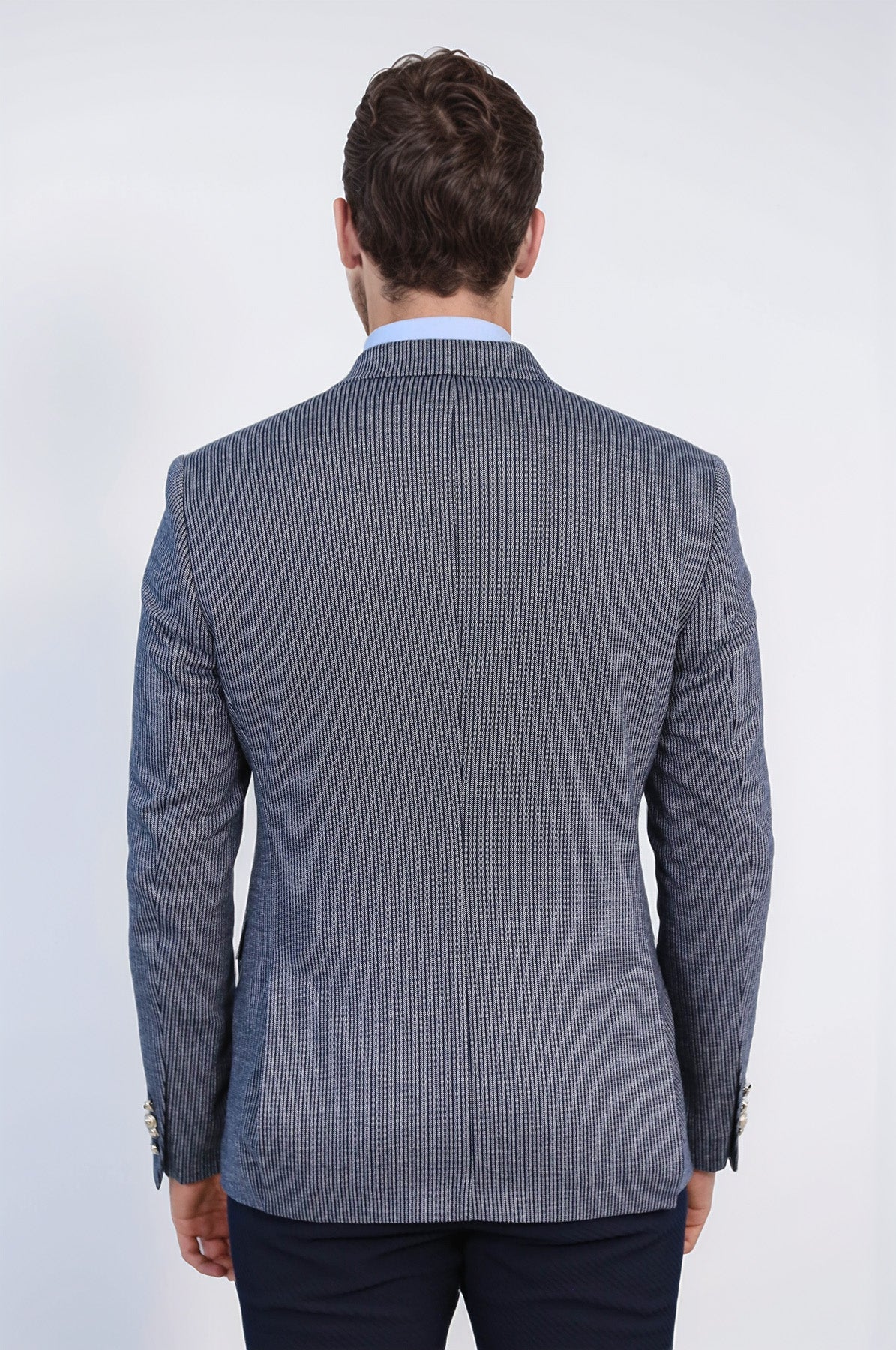Navy Pinstriped Slim Fit Double-Breasted Blazer with Silver Metal Buttons – Wessi