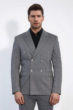 Anthracite Pinstriped Slim Fit Double-Breasted Blazer with Silver Metal Buttons – Wessi