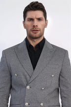Anthracite Pinstriped Slim Fit Double-Breasted Blazer with Silver Metal Buttons – Wessi