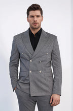 Anthracite Pinstriped Slim Fit Double-Breasted Blazer with Silver Metal Buttons – Wessi