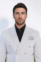 Gray Pinstriped Slim Fit Double-Breasted Blazer with Silver Metal Buttons – Wessi