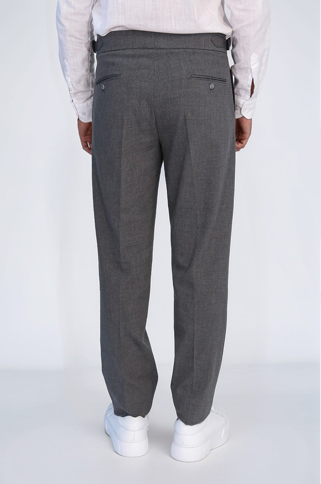 Anthracite Double-Pleated High-Waisted Slim Fit Trousers with Side Buckles – Wessi