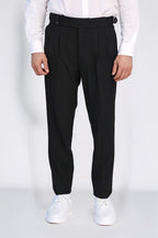 Black Double-Pleated High-Waisted Slim Fit Trousers with Side Buckles – Wessi