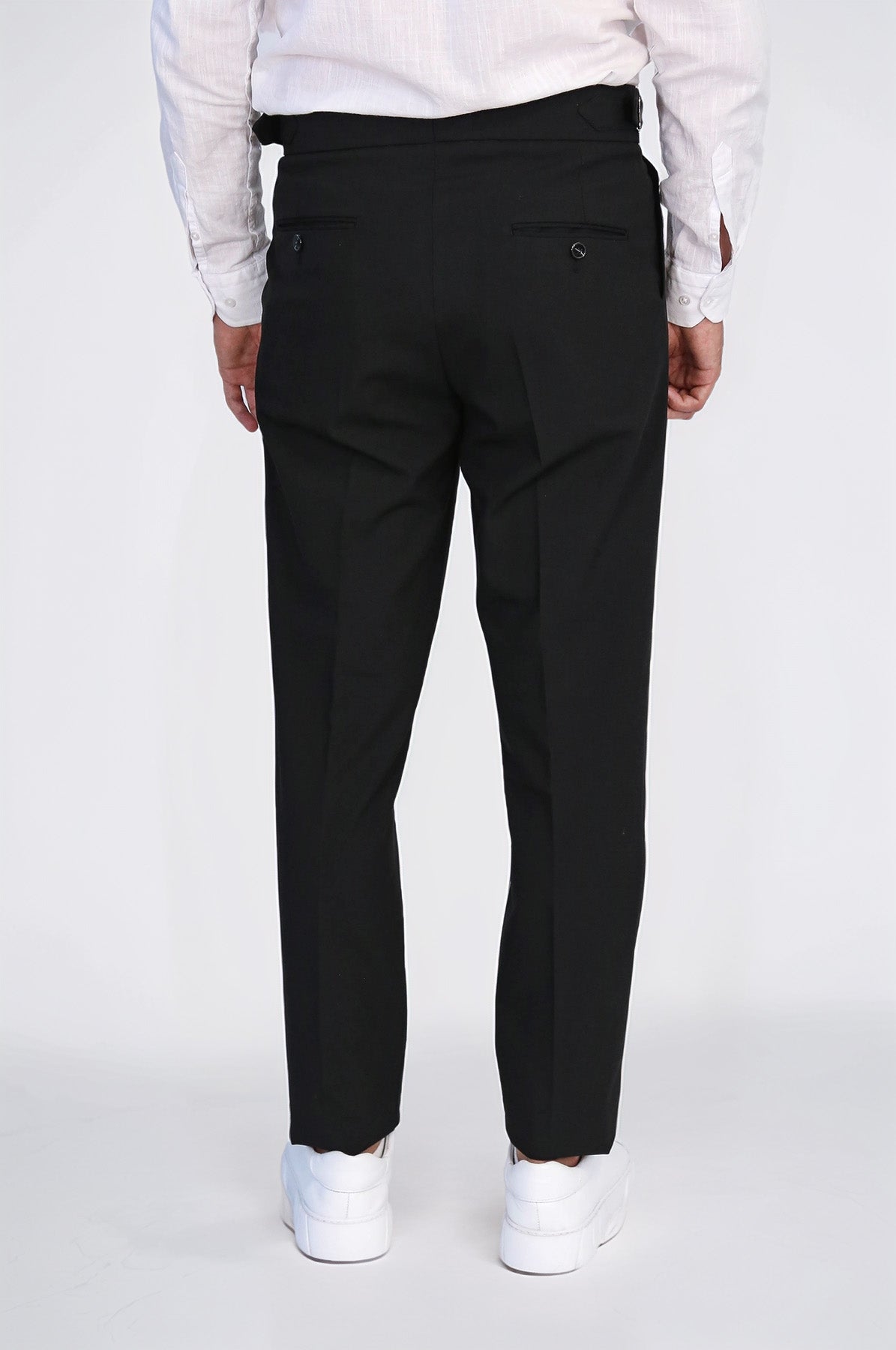 Black Double-Pleated High-Waisted Slim Fit Trousers with Side Buckles – Wessi