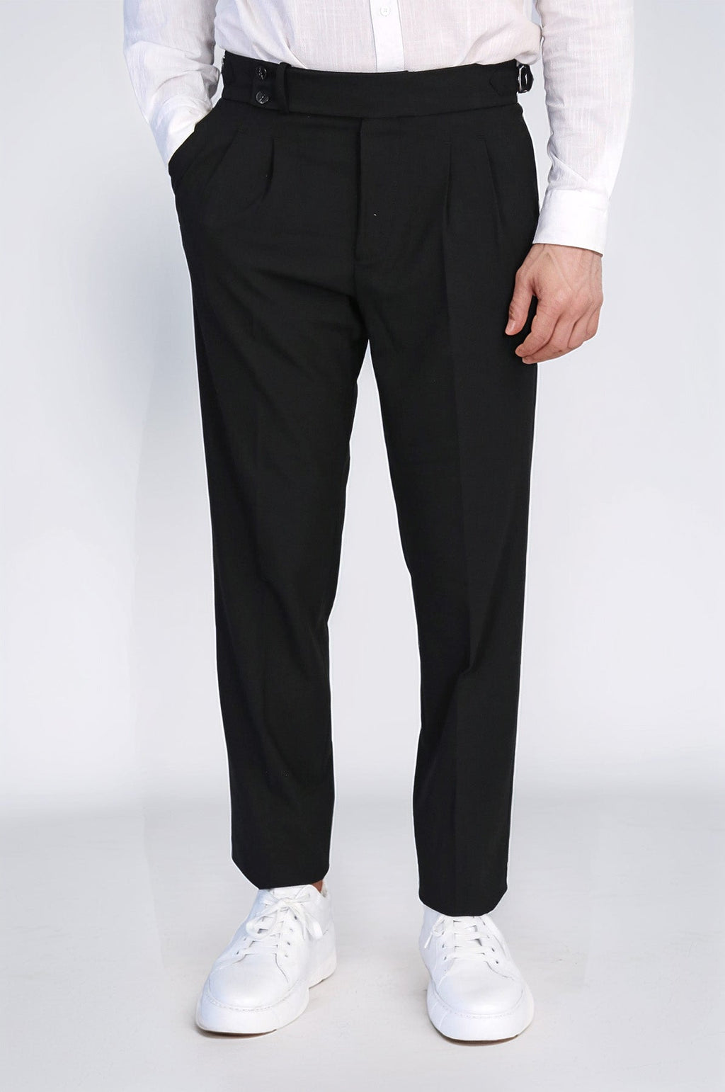 Black Double-Pleated High-Waisted Slim Fit Trousers with Side Buckles – Wessi