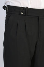 Black Double-Pleated High-Waisted Slim Fit Trousers with Side Buckles – Wessi