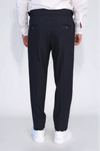 Navy Double-Pleated High-Waisted Slim Fit Trousers with Side Buckles – Wessi