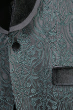 Baroque Patterned Velvet Shawl Collar Vested Green Tuxedo - Wessi