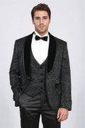 Baroque Patterned Velvet Shawl Collar Vest With Black Tuxedo- Wessi