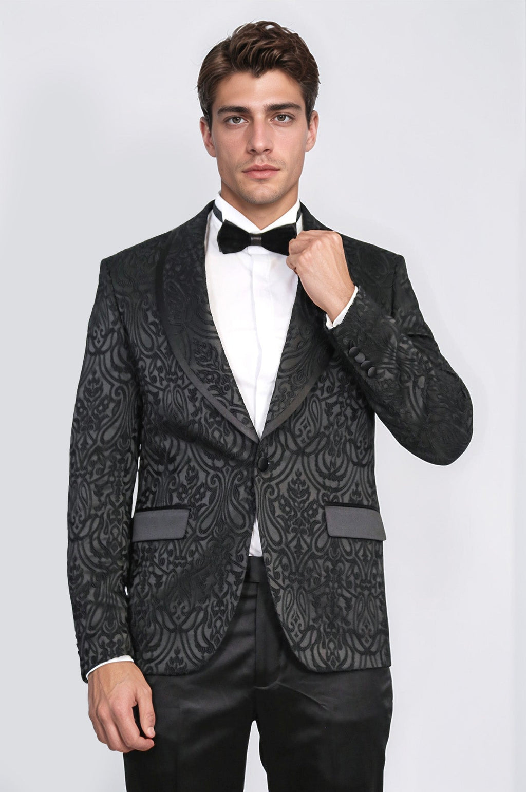 Damask Patterned Shawl Collar Black Tuxedo - Wessi