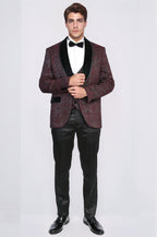 Baroque Patterned Velvet Shawl Collar Vested Burgundy Tuxedo - Wessi
