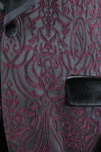 Baroque Patterned Velvet Shawl Collar Vested Burgundy Tuxedo - Wessi