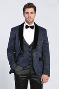 Baroque Patterned Velvet Shawl Collar Vested Navy Blue Tuxedo - Wessi