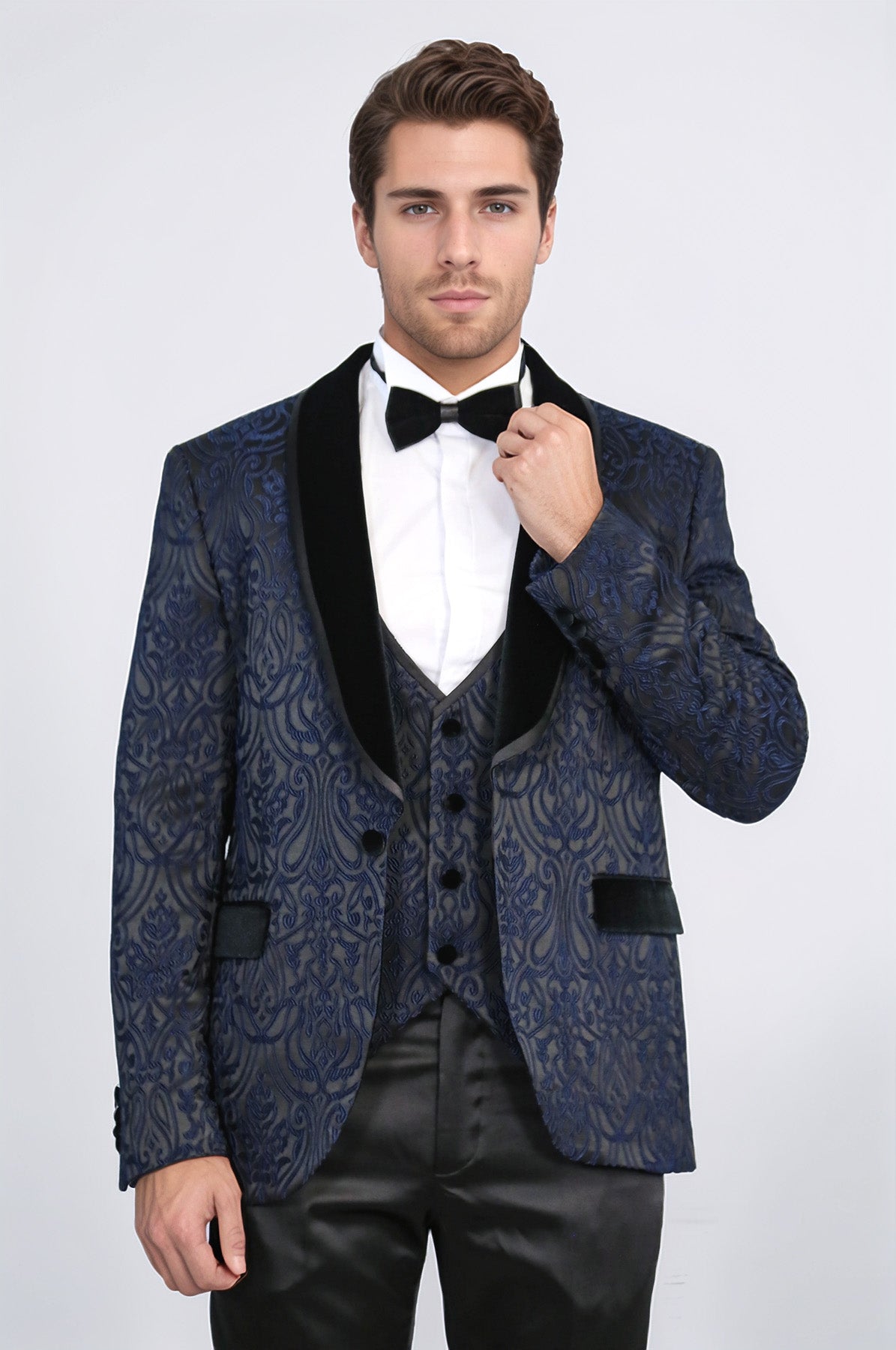 Baroque Patterned Velvet Shawl Collar Vested Navy Blue Tuxedo - Wessi