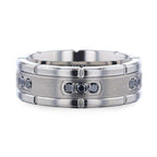 COURAGEOUS Brushed Center Titanium Men's Wedding Band With Double Grooved Polished Edges And Black Diamond Settings - 8mm