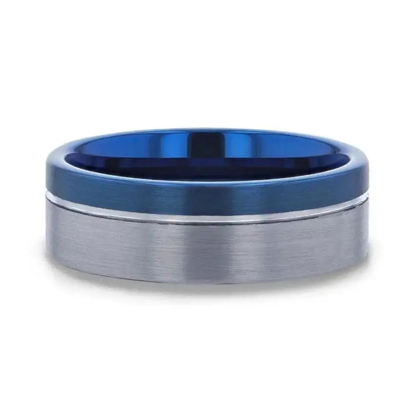 ATLANTIC Duo Color Brushed Center Tungsten Carbide Men's Wedding Band With Blue Ion Plating Inside - 8mm