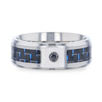 PACIFIC Black And Blue Carbon Fiber Inlaid Titanium Men's Wedding Band With Beveled Polished Edges and Black Sapphire Center Stone - 8mm