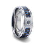 PACIFIC Black And Blue Carbon Fiber Inlaid Titanium Men's Wedding Band With Beveled Polished Edges and Black Sapphire Center Stone - 8mm