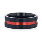 BLAZE Flat Brushed Black Titanium Men's Wedding Band With Red Aluminum Groove Brushed Center - 8mm