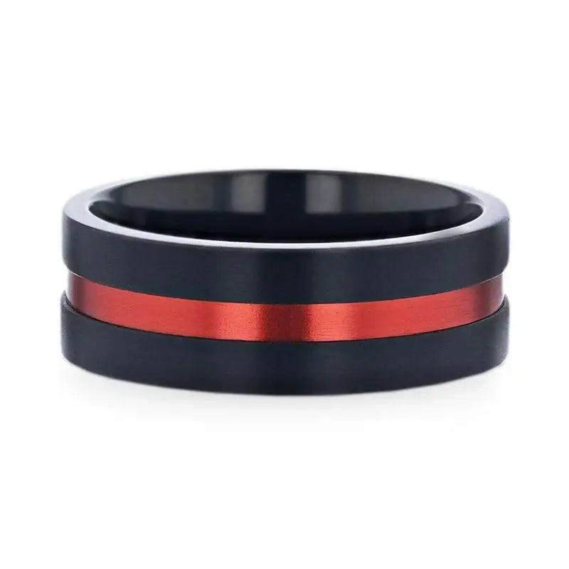 BLAZE Flat Brushed Black Titanium Men's Wedding Band With Red Aluminum Groove Brushed Center - 8mm
