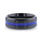 JACKSEN Black Titanium Men's Wedding Band Beveled Black Titanium With Blue Stripe Inlaid Brushed Finish Center And Polished Beveled Edges - 8mm