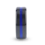 JACKSEN Black Titanium Men's Wedding Band Beveled Black Titanium With Blue Stripe Inlaid Brushed Finish Center And Polished Beveled Edges - 8mm